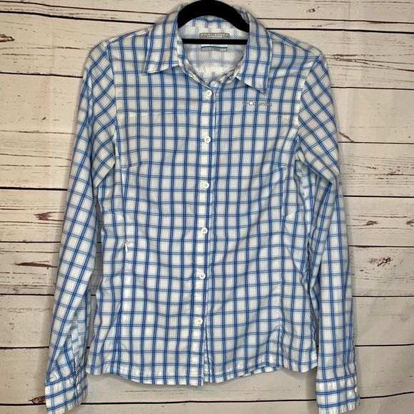 Columbia | Omni-shade Long Sleeve Blue and Pink Check Outdoor Button Up Shirt - Picture 1 of 10